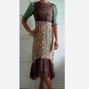 New Rixo Saffron Black Green Meadow Leopard Midi Dress size M / UK 12 / US 8